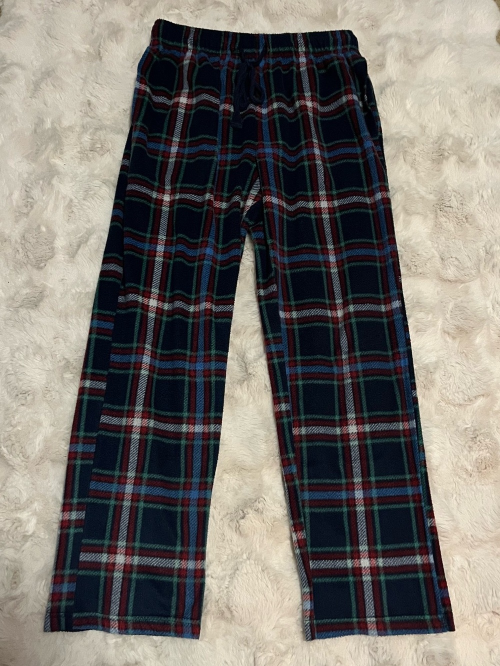 Cuddl Duds Navy Plaid Pants with Red & Green Pattern, Size US M.